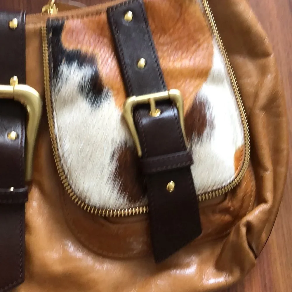 Sondra Roberts Tan, Brown & White Hobo Bag with Haircalf Accents